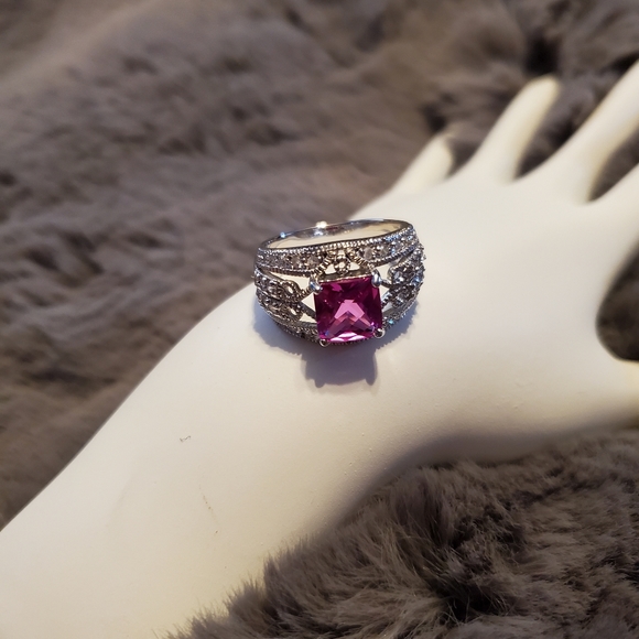 Lab Created Pink Sapphire w/28 CZ SS Ring, Sz 9 - Picture 9 of 12